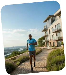 Man jogging on a paved path near modern apartment buildings with river and cityscape in the background under a clear sky.
