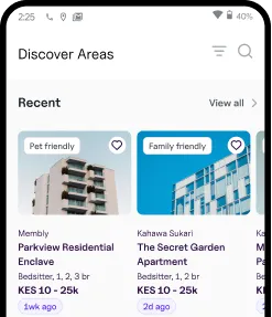 Mobile app screen showing a 'Discover Areas' section with recent listings for 'Parkview Residential Enclave' and 'The Secret Garden Apartments', each labeled 'Pet friendly' or 'Family friendly' with pricing and bedroom details.