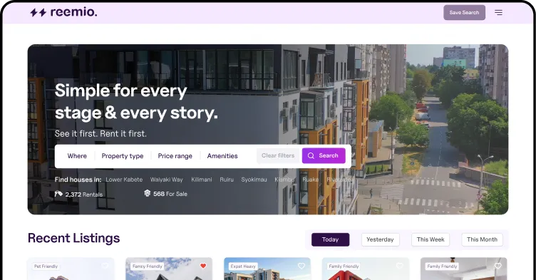Website interface of Reemio showing a search section for rental properties with filters for location, property type, price range, and amenities, alongside recent property listings.