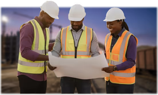 Three construction workers in helmets and vests review a blueprint together at a site at dusk.