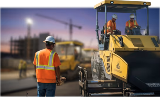 Construction workers in safety vests operating a yellow asphalt paver during roadwork at dusk.