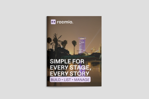 Reemio cover with city skyline at dusk and text: Simple for every stage, every story, build, list, manage.