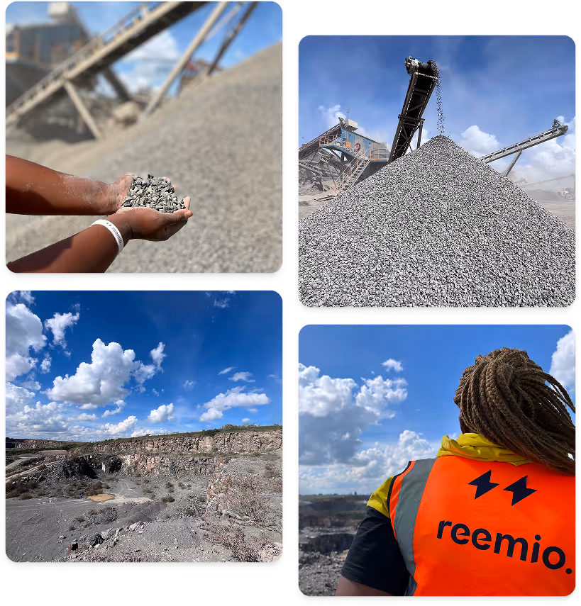 Four images showing crushed rocks, mining site, conveyor belt with rocks, and worker in Reemio vest.