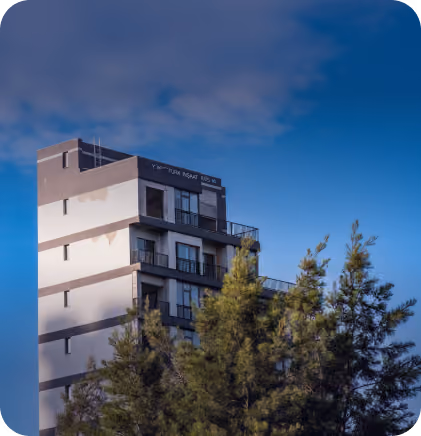 Modern multi-story building behind tall green pine trees under a blue sky.