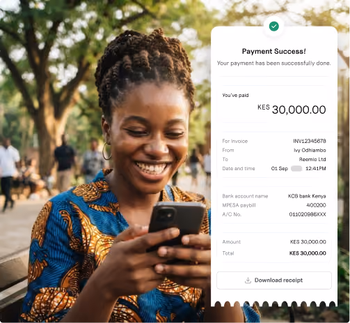 Smiling woman in colorful dress using phone with overlay showing successful payment of KES 30,000.