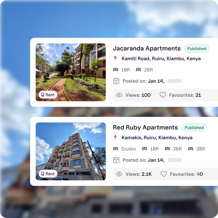 Two apartment listings for rent: Jacaranda Apartments on Kamiti Road, Ruiru, Kiambu, Kenya, showing a garden path and low-rise building with 1 and 2 bedrooms, posted on Jan 14 with 100 views and 21 favourites; Red Ruby Apartments in Kamakis, Ruiru, Kiambu, Kenya, showing a tall multi-story building with studio to 3-bedroom options, posted on Jan 14 with 2.1K views and 40 favourites. Both listings show 'Published' status.