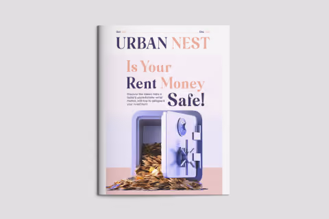 Cover of Urban Nest magazine with headline 'Is Your Rent Money Safe!' and an illustration of an open safe overflowing with coins.