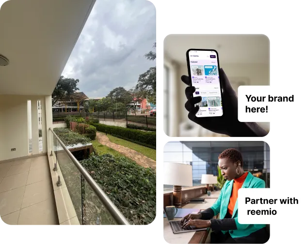 Left side view of a balcony with tiled floor, glass railing, and greenery with trees and bushes outside under a cloudy sky. Right side shows two images: top is a hand holding a smartphone displaying an app screen with a label 'Your brand here!' and bottom is a person in a teal jacket and orange shirt working on a laptop with a label 'Partner with reemio'.