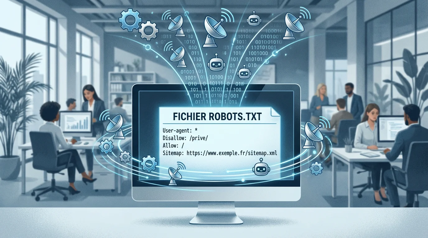 Illustration d'un fichier robots.txt entouré de crawlers IA convergeant vers un site web