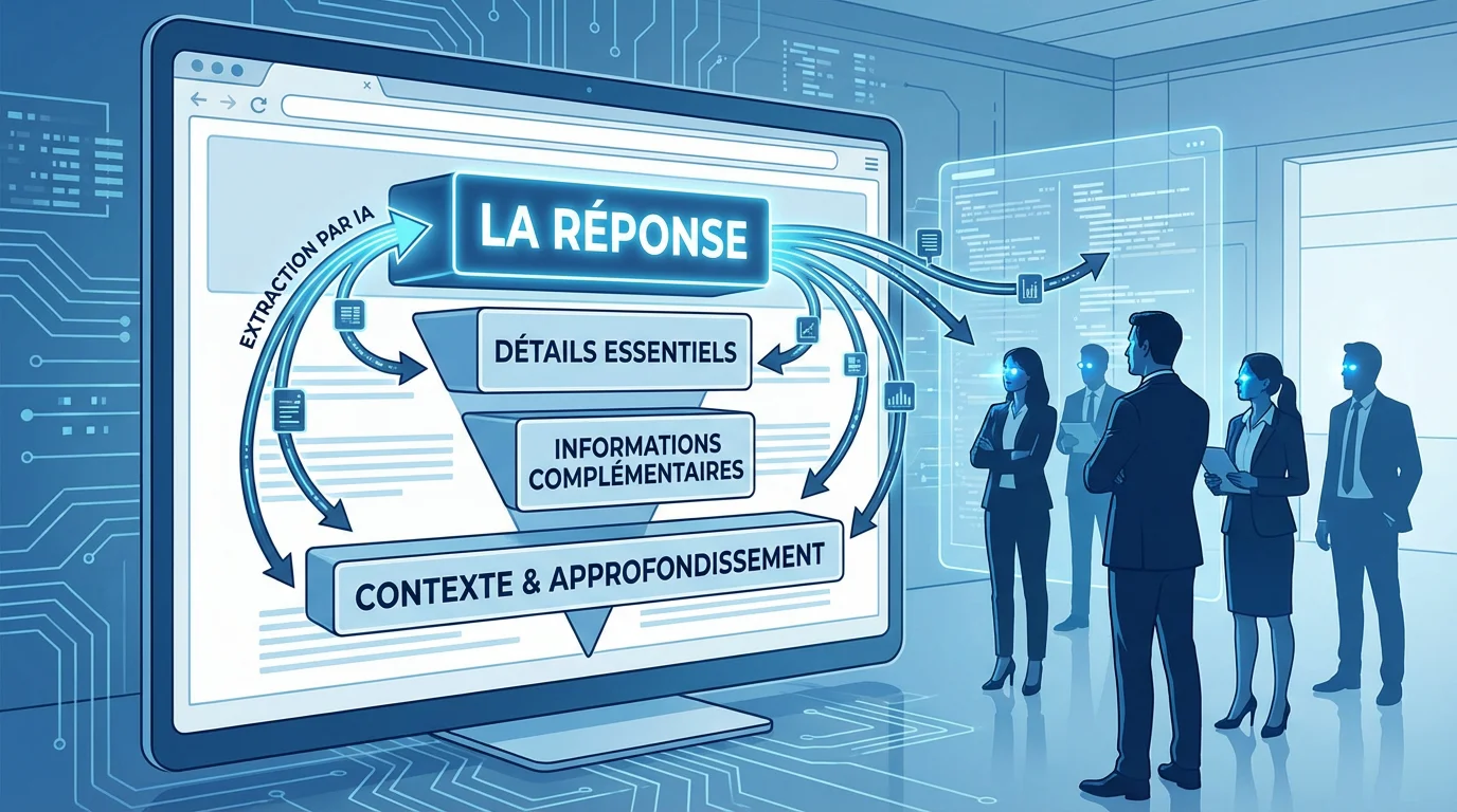 Schéma d'une page Answer-First avec pyramide inversée et extraction par l'IA