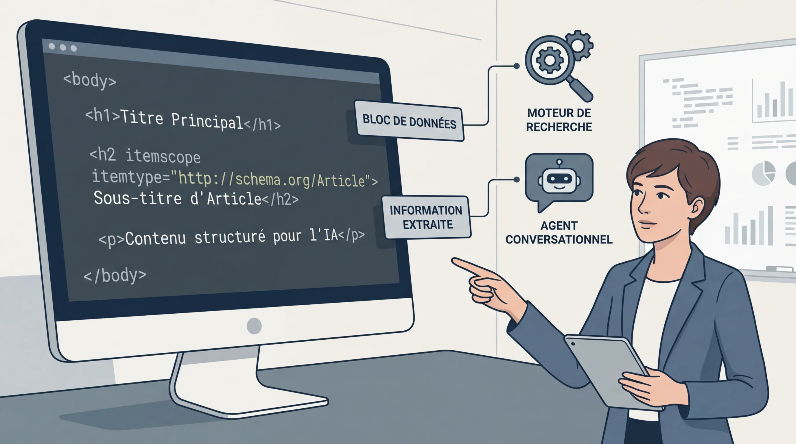 Écran affichant du code HTML structuré avec extraction de blocs par les moteurs IA