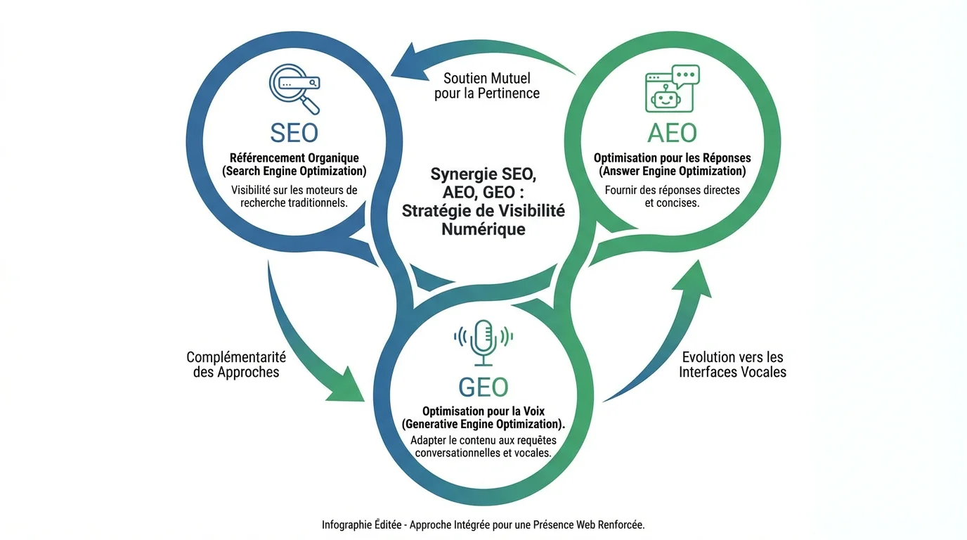 Infographie montrant la relation entre SEO, AEO et GEO avec leurs zones de complémentarité