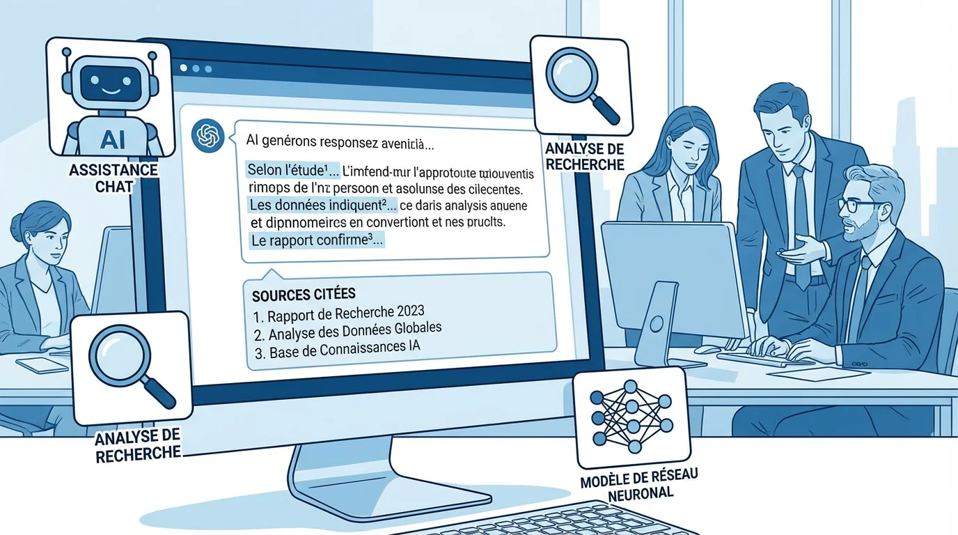 Écran affichant une réponse IA avec des sources citées, illustrant le concept de Generative Engine Optimization