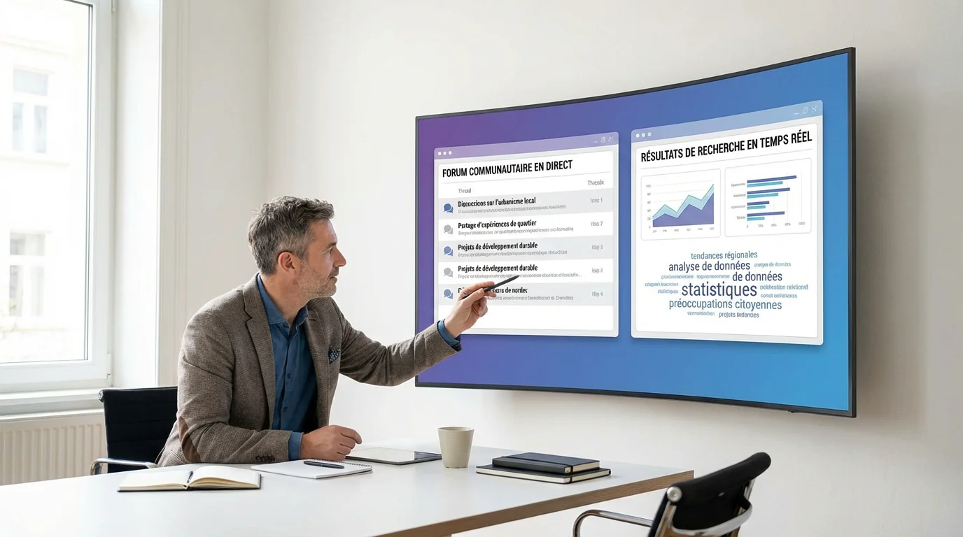 Professionnel européen analysant des données de recherche IA en temps réel sur un écran