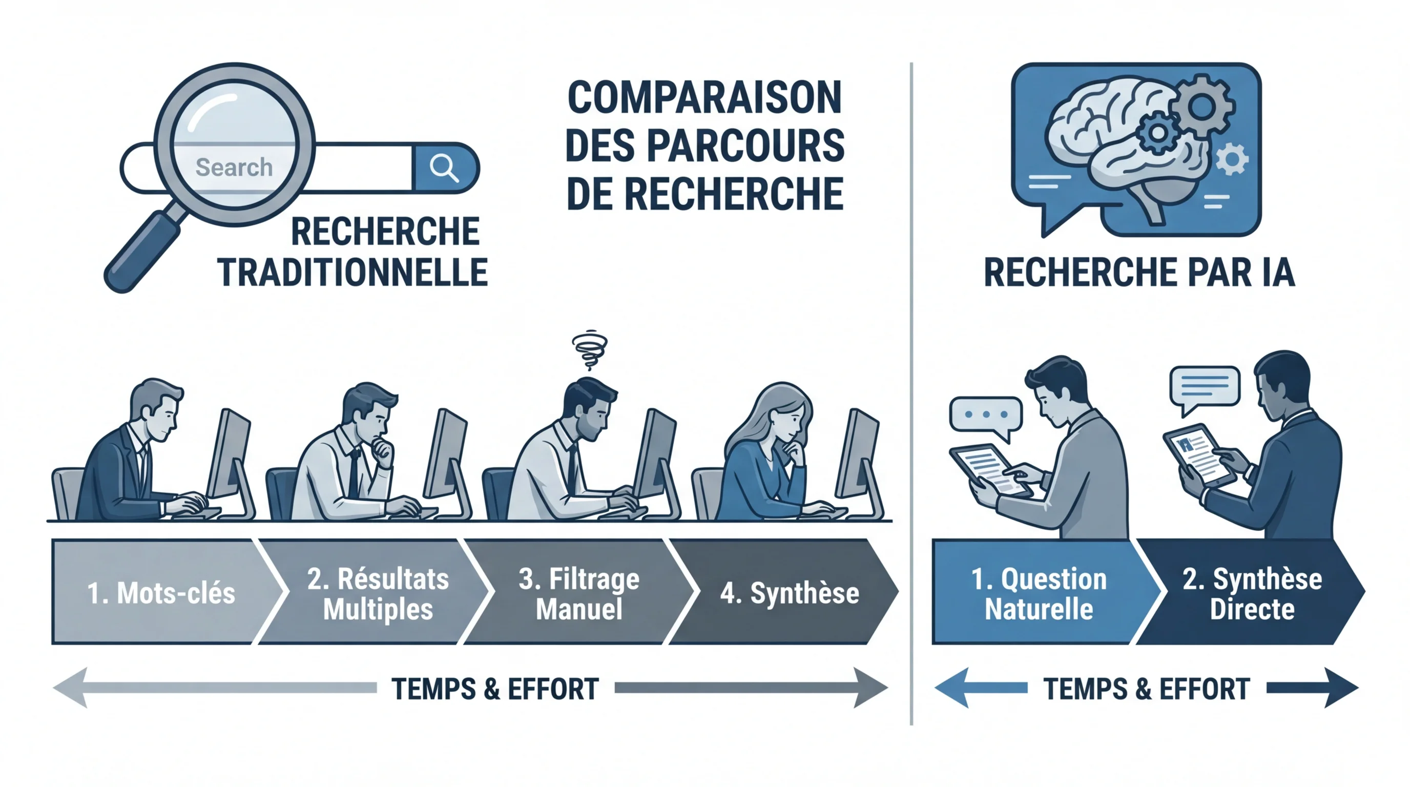 Graphique comparatif entre recherche traditionnelle et recherche via moteurs génératifs IA