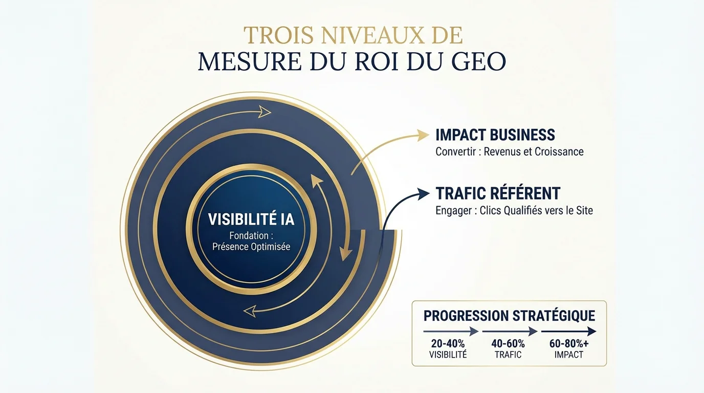Infographie des trois niveaux de mesure du ROI du GEO : visibilité, trafic et impact business