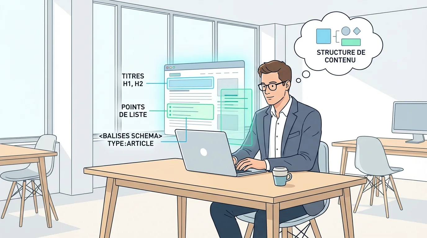 Professionnel optimisant la structure de contenu pour les moteurs de réponse IA