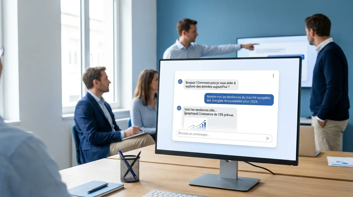 Bureau professionnel avec écran affichant une interface de recherche IA conversationnelle