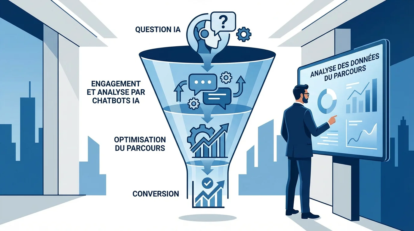 Entonnoir de conversion illustrant le parcours utilisateur depuis les moteurs IA génératifs jusqu'à la conversion client