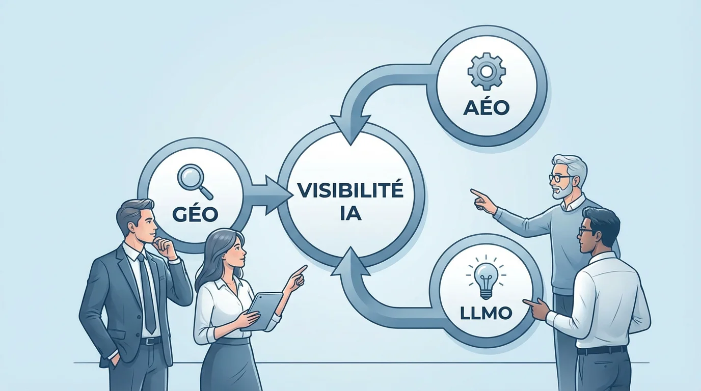 Schéma montrant la convergence entre GEO, AEO et LLMO pour la visibilité dans les moteurs IA