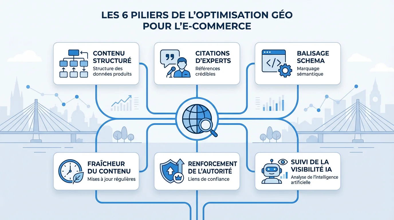 Infographie des six leviers d'optimisation GEO pour le e-commerce
