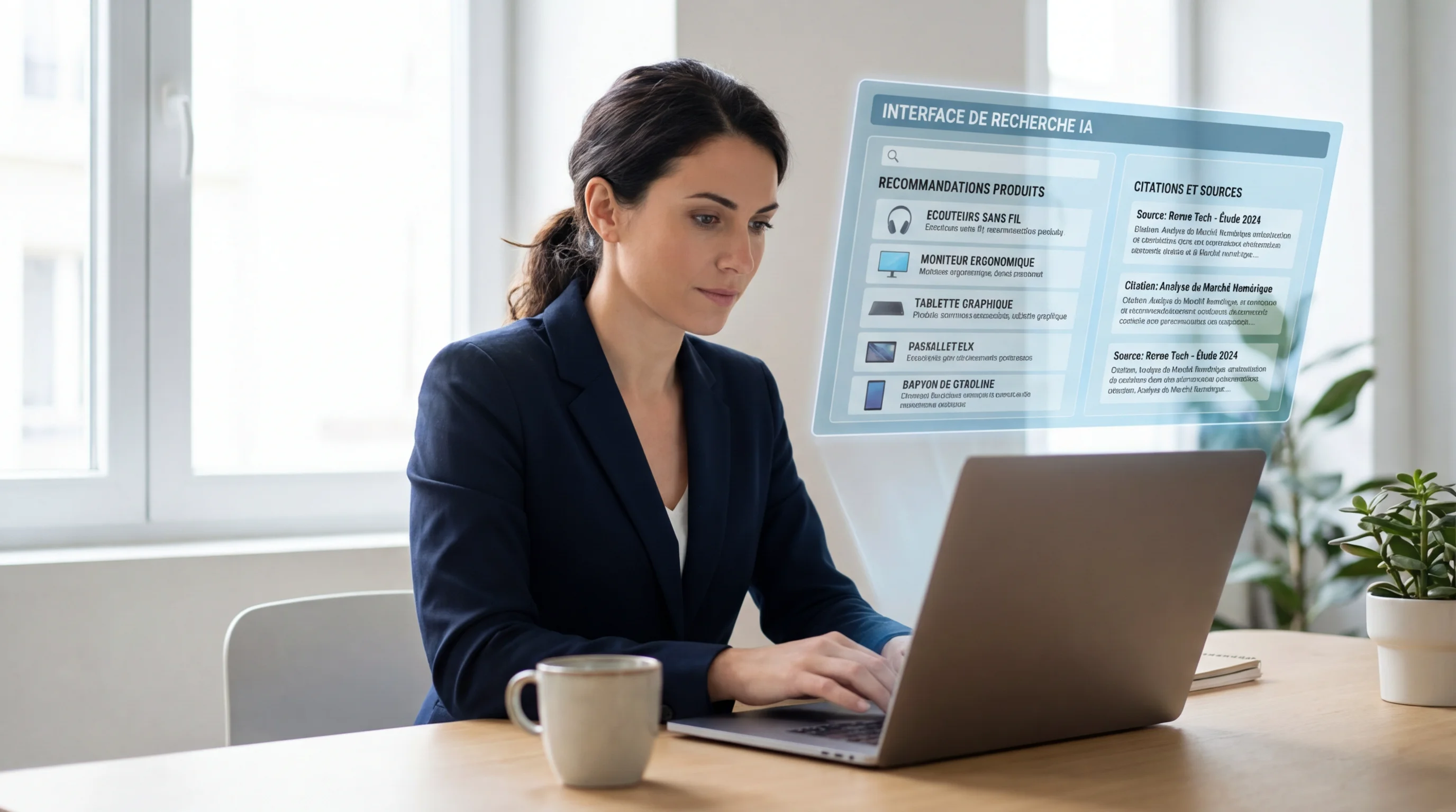 Utilisateur consultant une interface de recherche IA pour des recommandations e-commerce