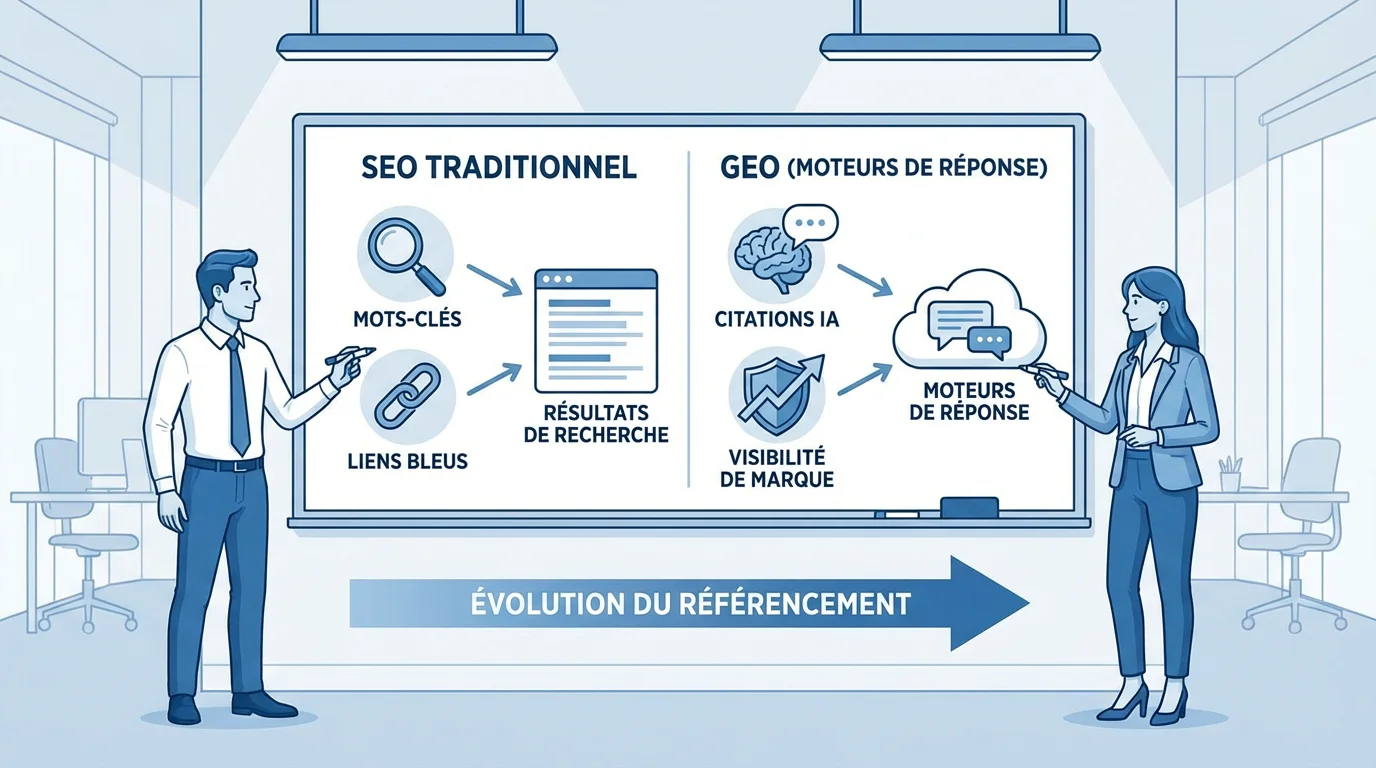 Schéma comparatif entre le SEO traditionnel et le GEO pour la visibilité dans les moteurs de réponse IA