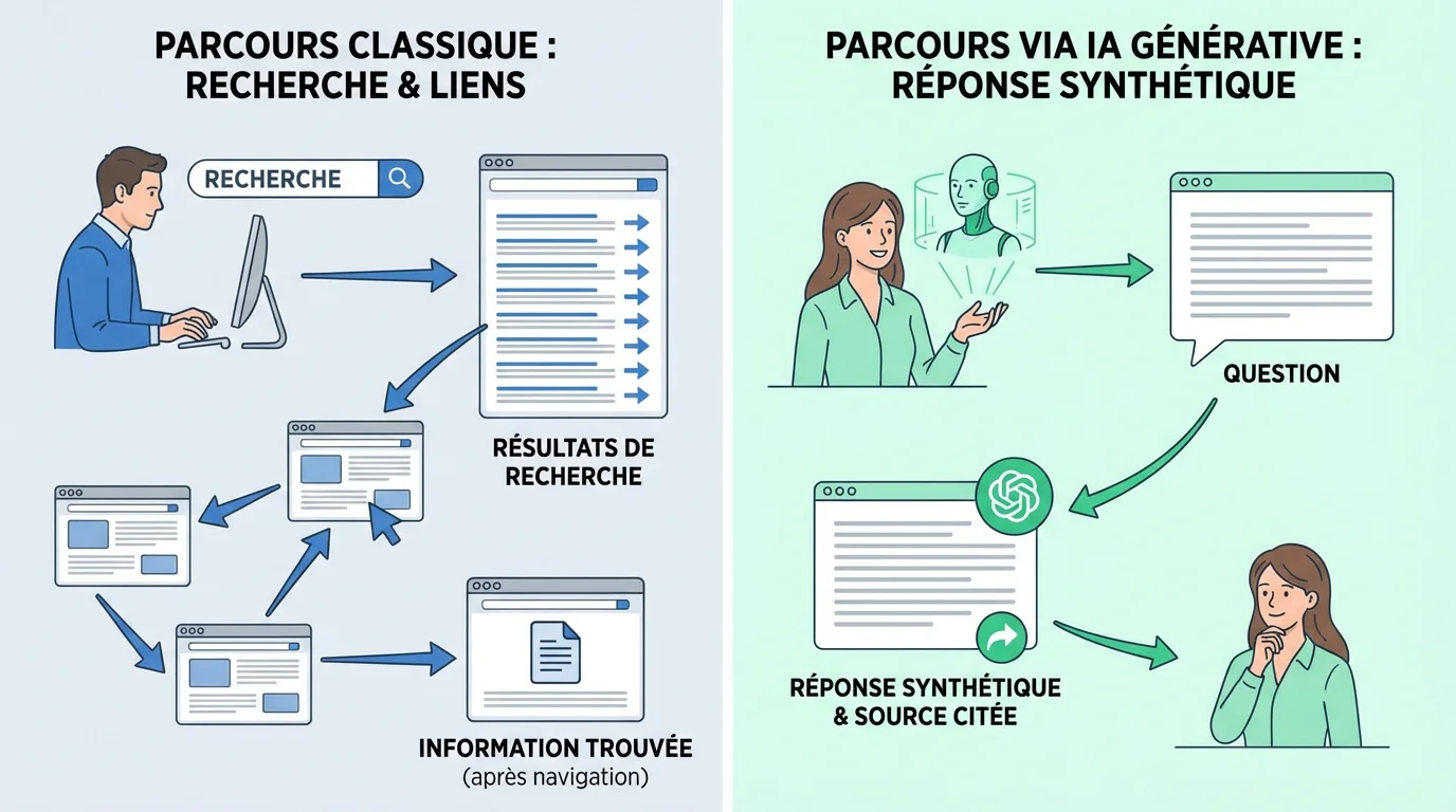 Infographie comparant le parcours de recherche classique et le parcours via IA générative