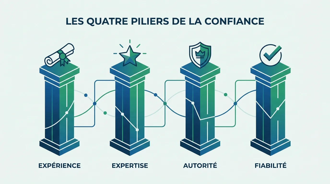 Infographie des quatre piliers E-E-A-T pour la visibilité dans les AI Overviews