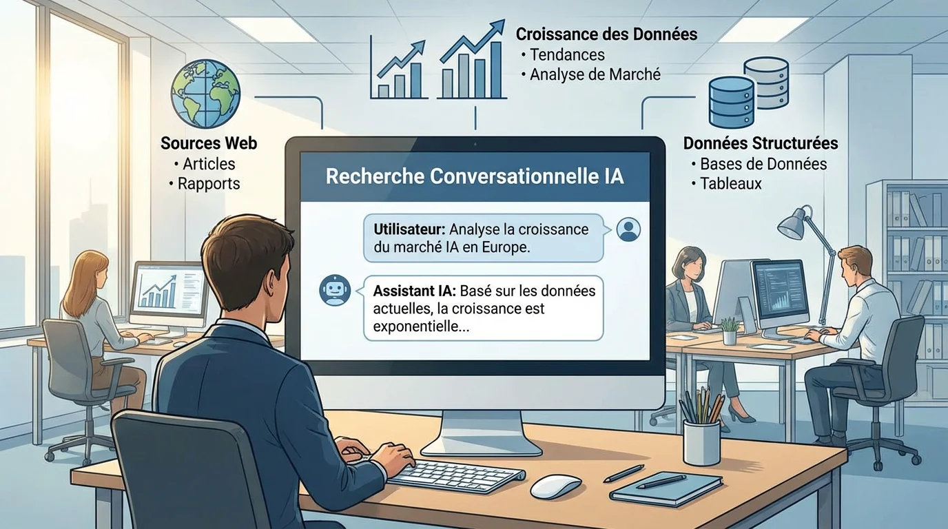 Interface de recherche conversationnelle IA avec sources web et données structurées