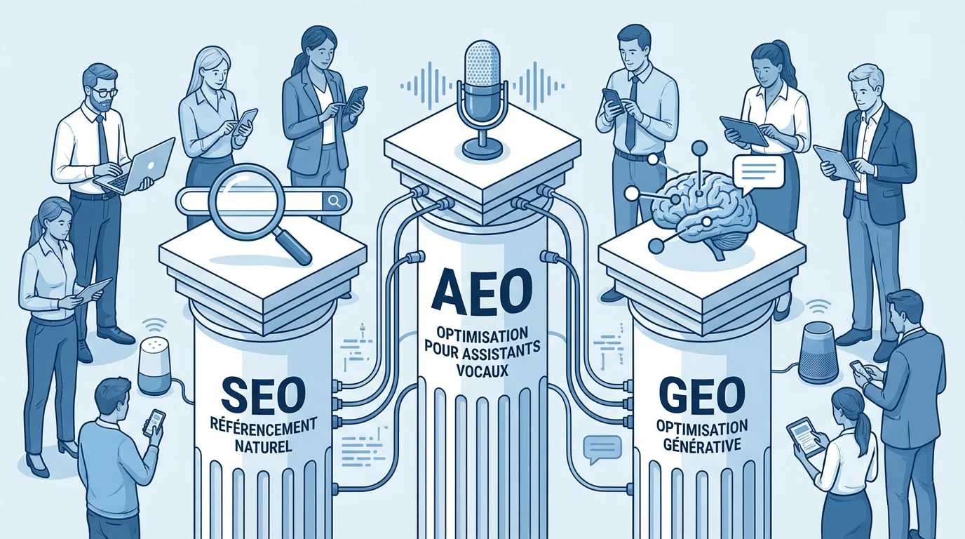 Illustration des trois piliers SEO, AEO et GEO pour la visibilité digitale