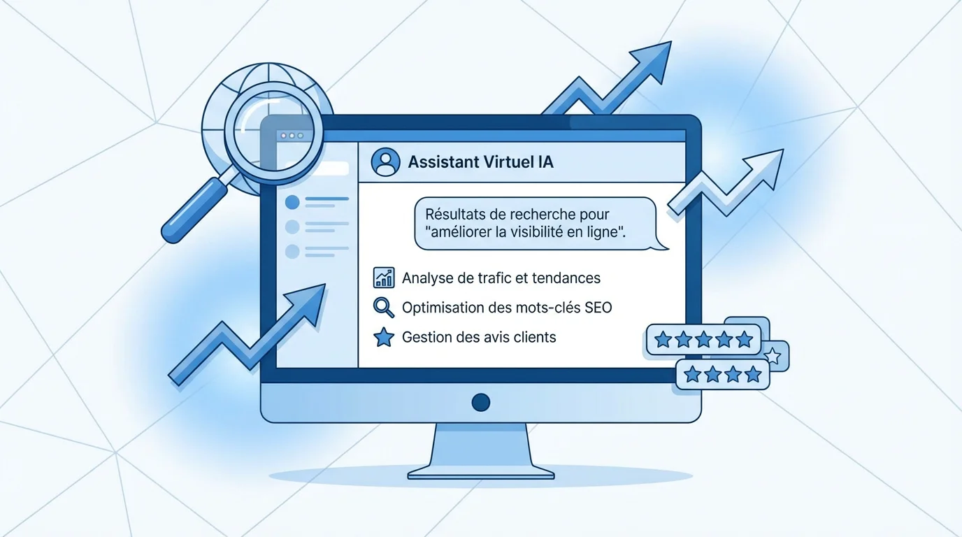 Interface de chatbot IA affichant des résultats de recherche avec des indicateurs de visibilité en ligne