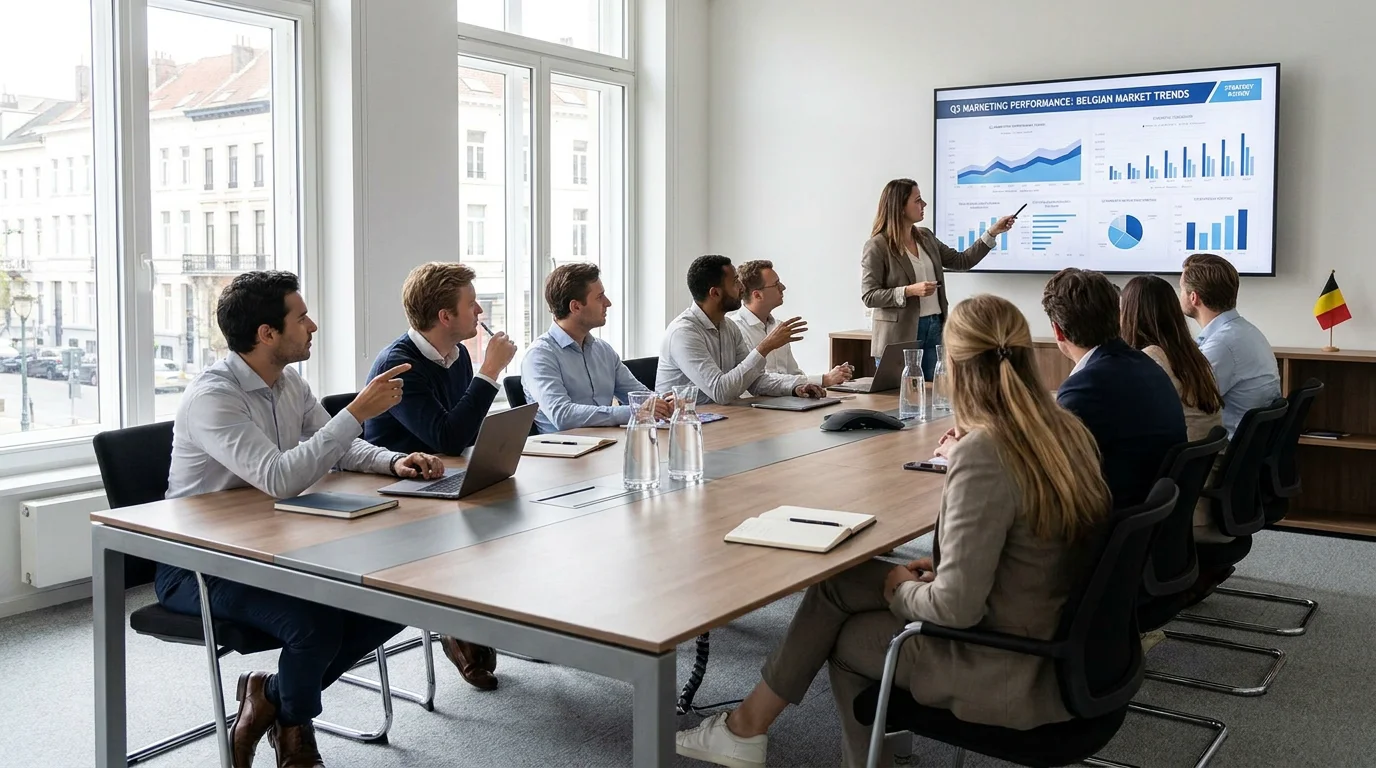 Marketing team reviewing GEO strategy and AI visibility data in a Belgian office setting