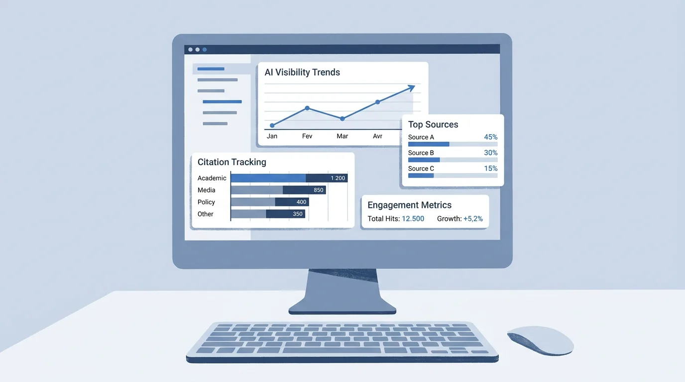 Dashboard showing AI search visibility metrics and citation tracking for GEO performance
