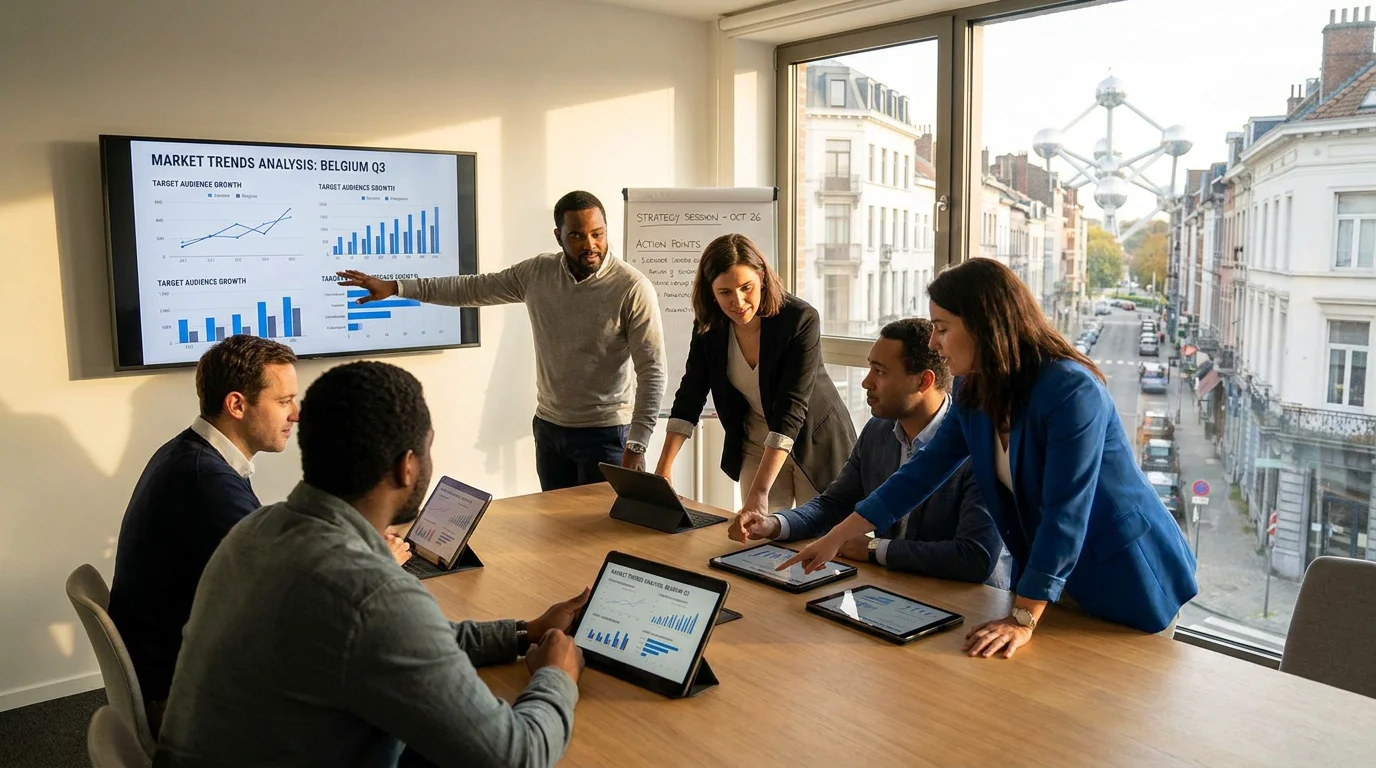Marketing team in Brussels collaborating on GEO strategy with data screens