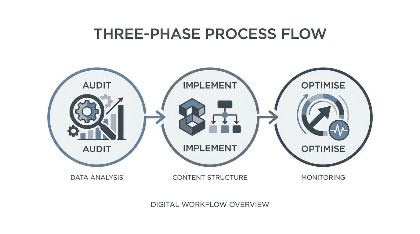 Three-phase AEO engagement process diagram showing audit, implementation, and optimisation stages