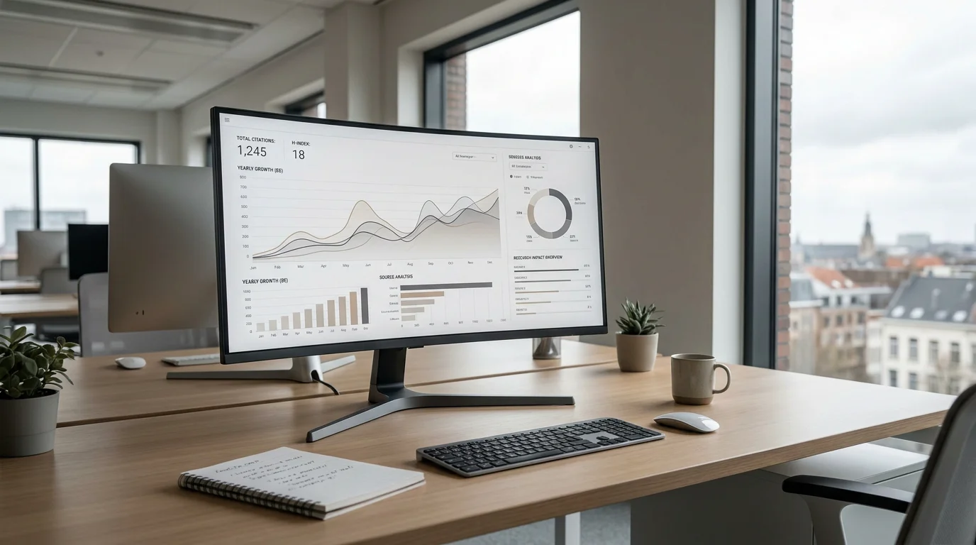 Data dashboard showing AI visibility and citation metrics on a monitor in a modern office setting