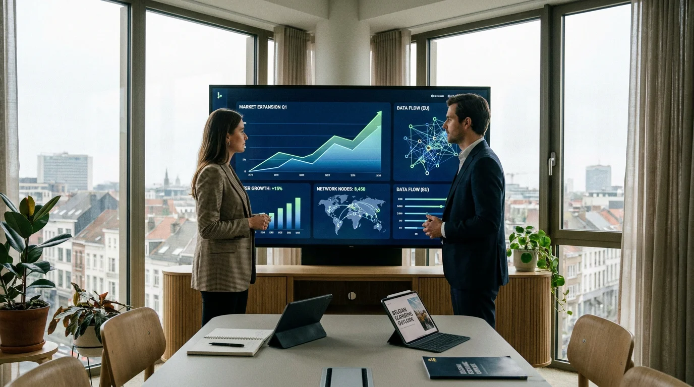 Professionals analysing AI search visibility data on a dashboard in a modern office