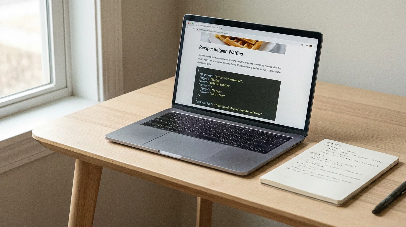 Structured content and schema markup on a laptop screen for GEO optimisation