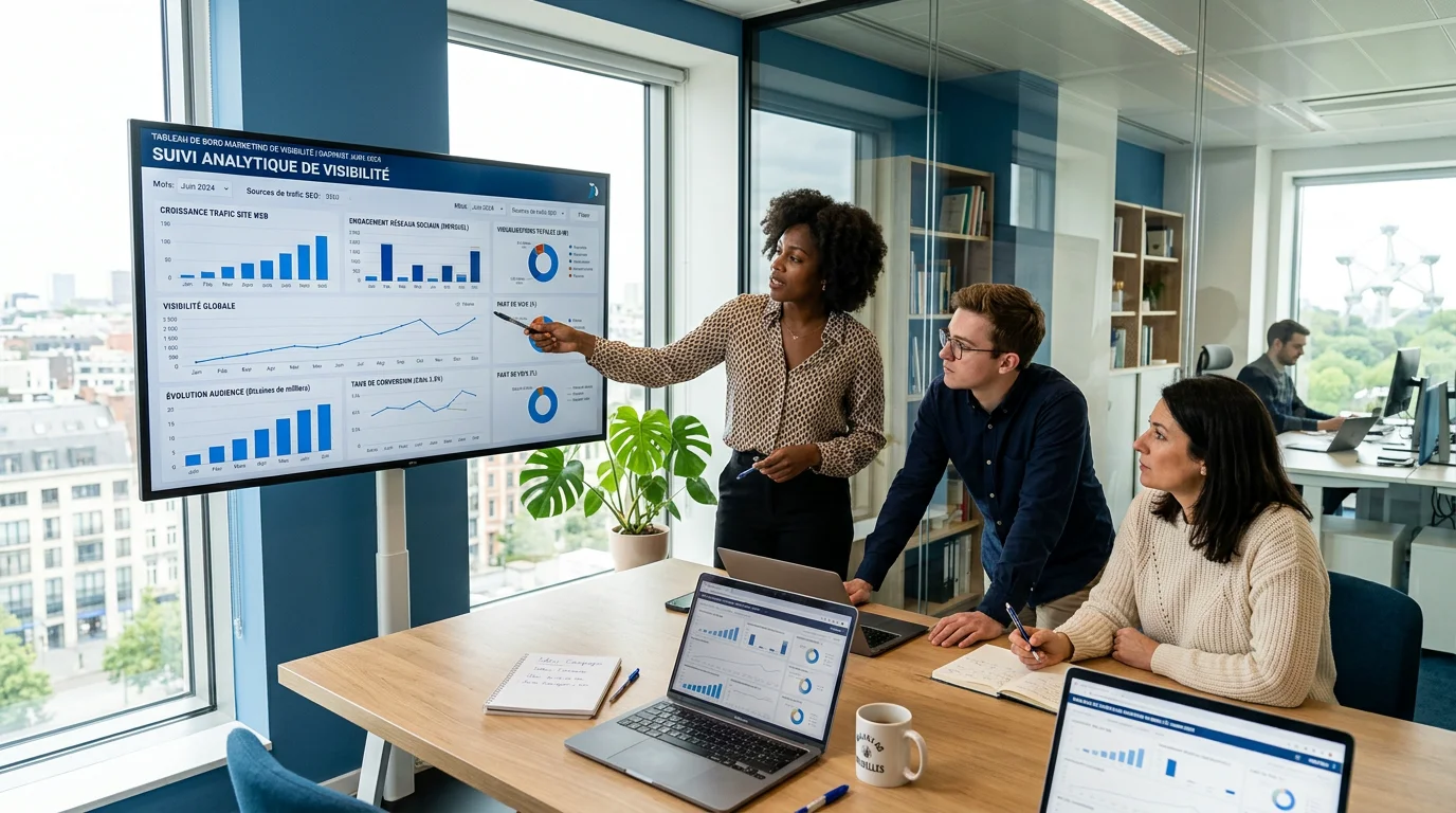 Équipe marketing analysant un tableau de bord de visibilité dans les IA