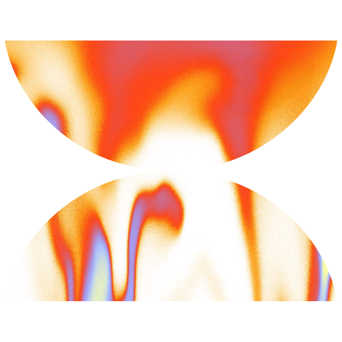 Abstract fluid shapes in red, orange, white, and blue with gradient color transitions.