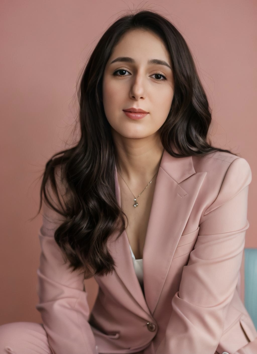 Woman with long brown hair wearing a pink suit jacket against a pink background.
