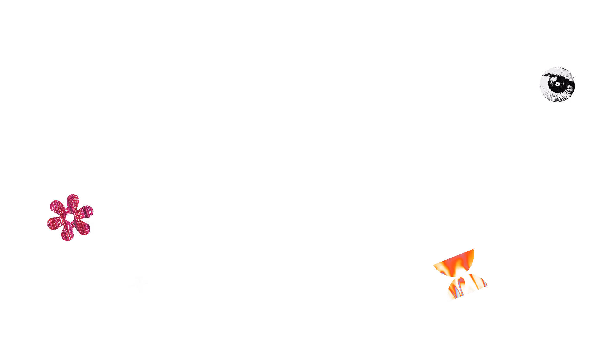 Collage with a black and white eye, orange butterfly, red flower, and white star on black background.