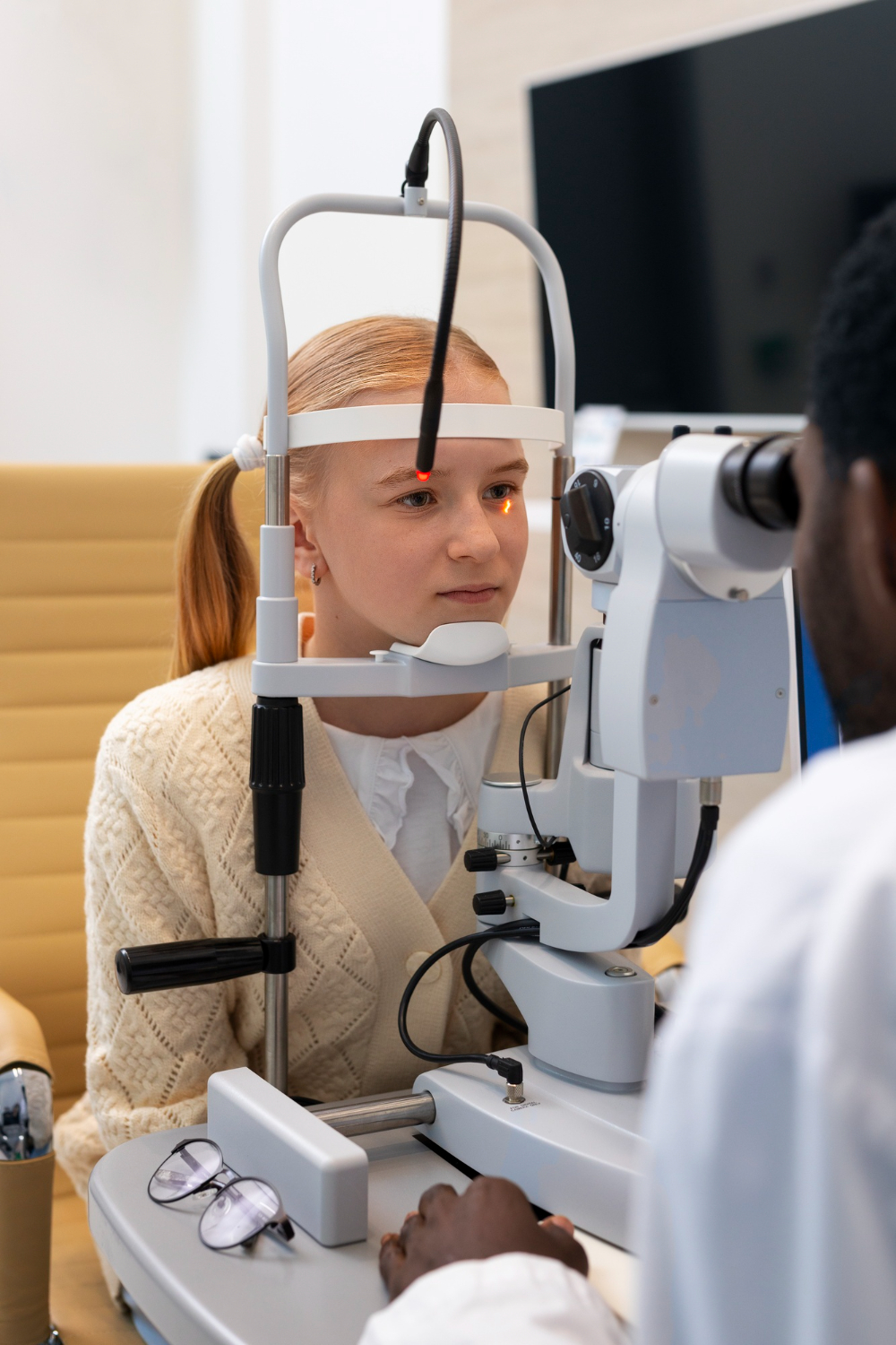 Young woman undergoing an eye exam with a slit lamp device operated by an optometrist.