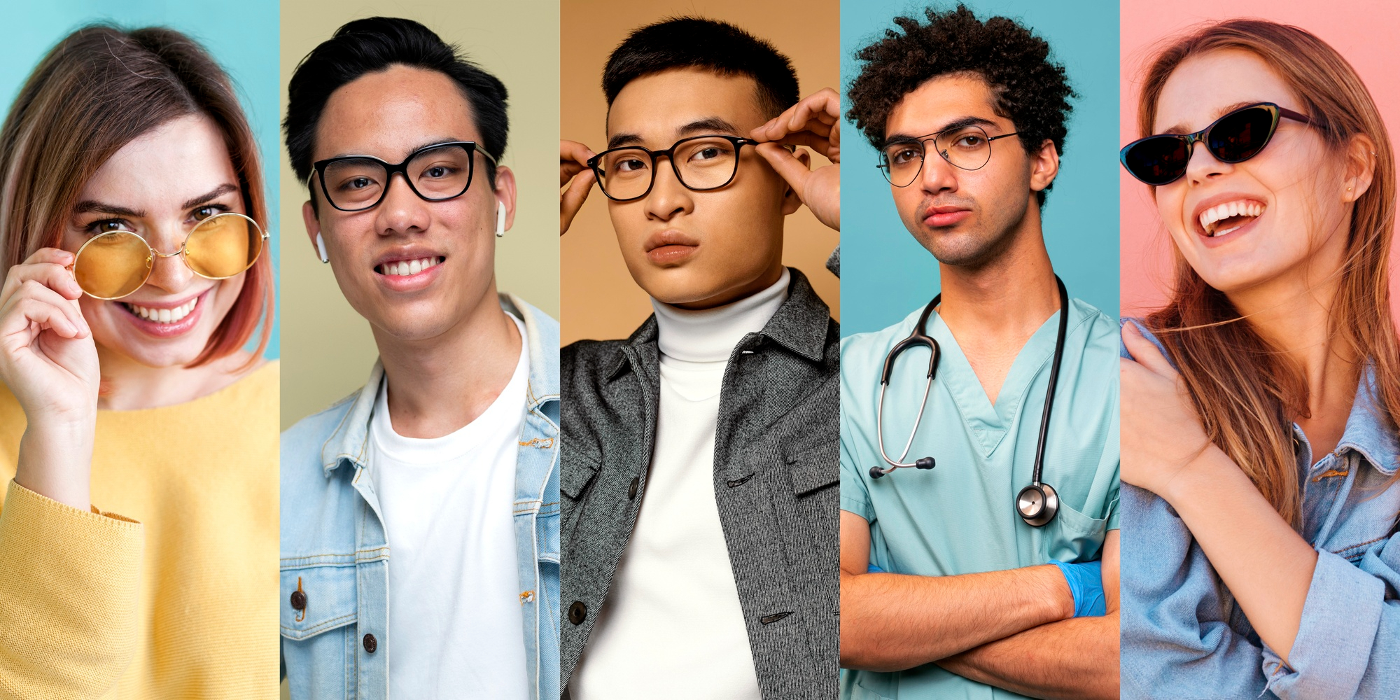 Five young adults posing against colorful backgrounds, including a doctor wearing scrubs and stethoscope.
