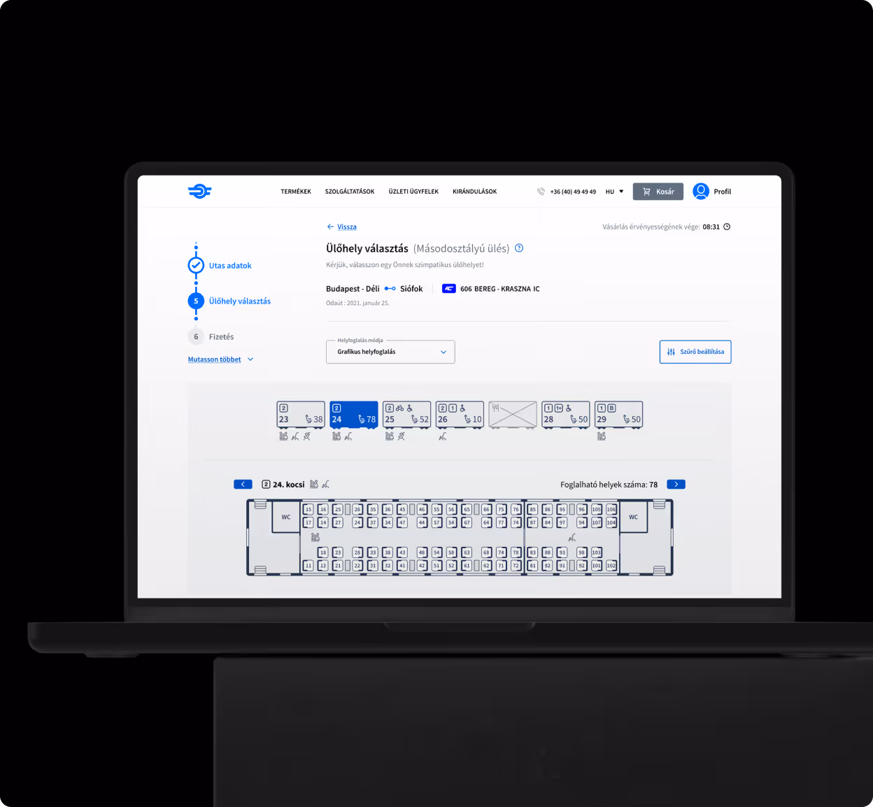 Seat reservation for MÁV - reservation step one on desktop