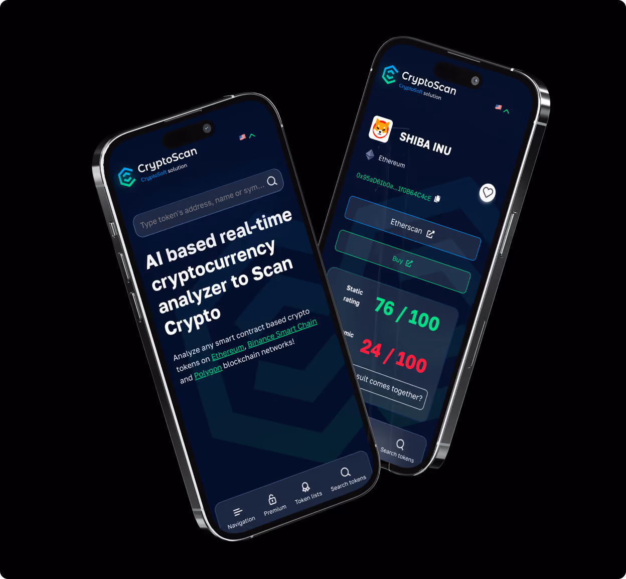 Two smartphones showing CryptoScan app analyzing cryptocurrency token Shiba Inu with ratings and options.