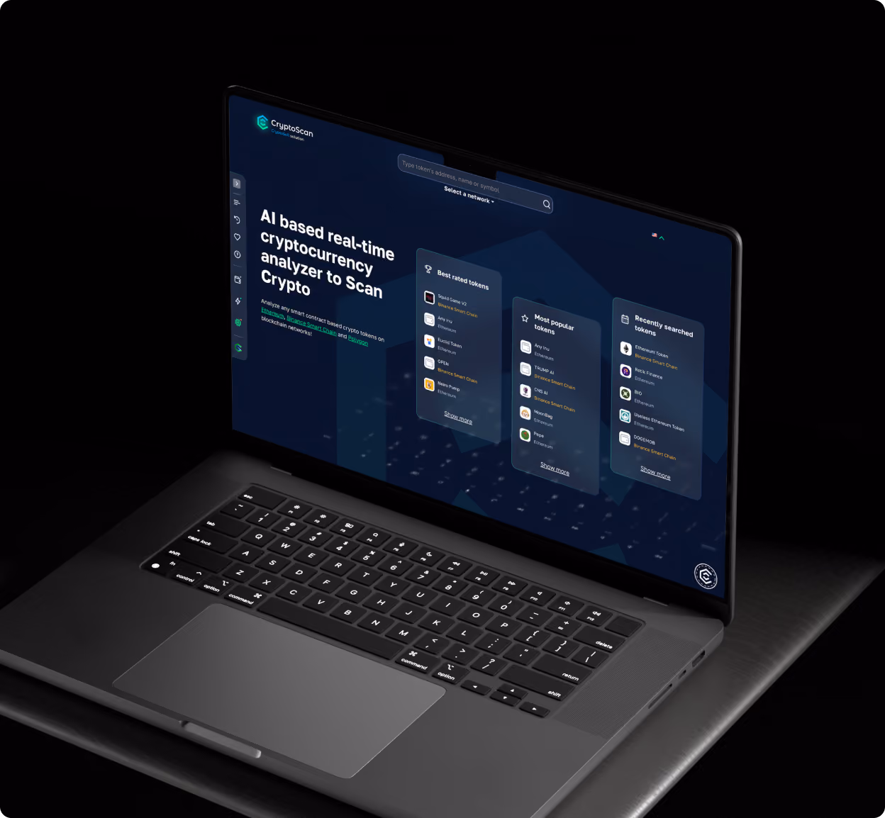 Laptop screen showing CryptoScan AI-based real-time cryptocurrency analyzer with token lists.