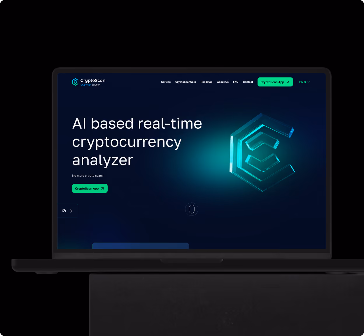 Laptop screen shows CryptoScan homepage with AI-based cryptocurrency analysis in Hungarian and app button.