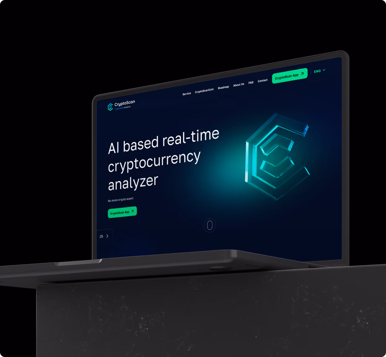 Laptop on a dark surface displaying a website with the text 'AI based real-time cryptocurrency analyzer' and a glowing 3D geometric logo, with navigation menu and green buttons for CryptoScan App.